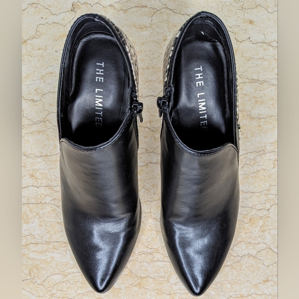 The Limited Nadalie Bootie Black Faux Snakeskin Open Side Pointed Toe Heeled - Picture 6 of 13